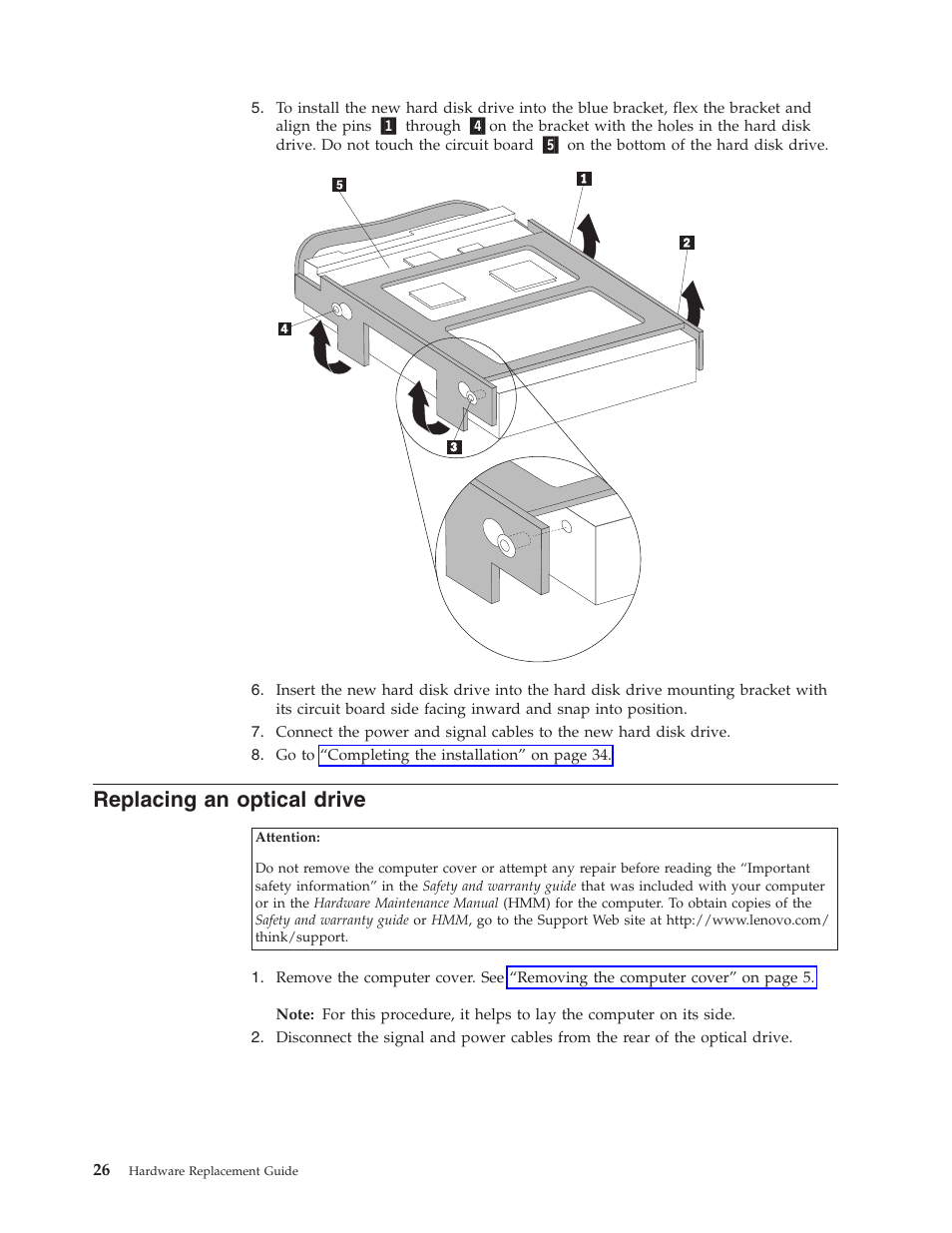 Replacing an optical drive, Replacing, Optical | Drive | Lenovo ThinkCentre M55 User Manual | Page 34 / 48