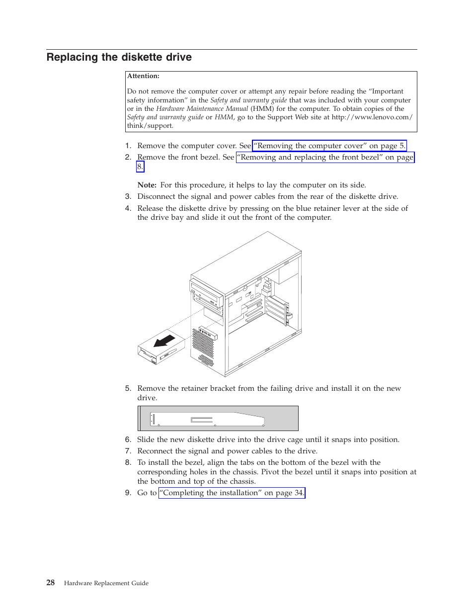 Replacing the diskette drive, Replacing, Diskette | Drive | Lenovo ThinkCentre M55 User Manual | Page 36 / 48