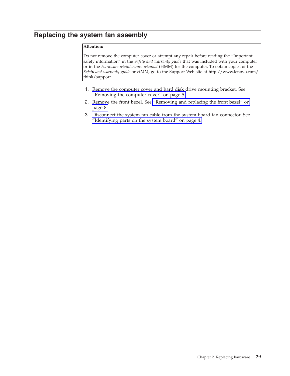 Replacing the system fan assembly, Replacing, System | Assembly | Lenovo ThinkCentre M55 User Manual | Page 37 / 48