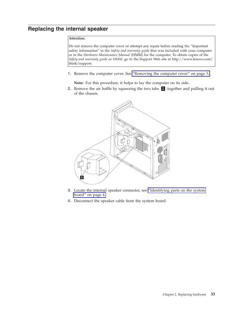 Replacing the internal speaker, Replacing, Internal | Speaker | Lenovo ThinkCentre M55 User Manual | Page 41 / 48