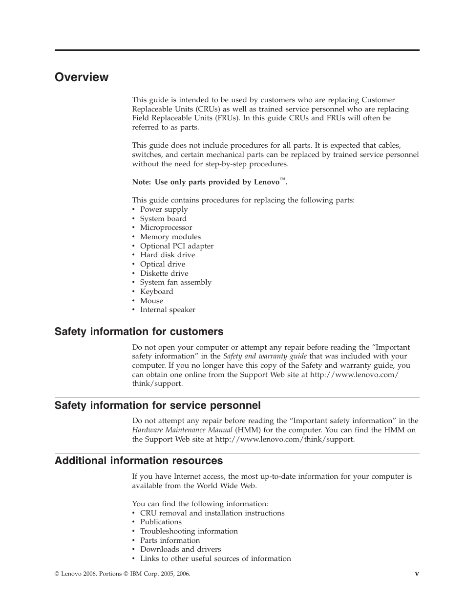 Overview, Safety information for customers, Safety information for service personnel | Additional information resources, Safety, Information, Customers, Service, Personnel, Additional | Lenovo ThinkCentre M55 User Manual | Page 7 / 48