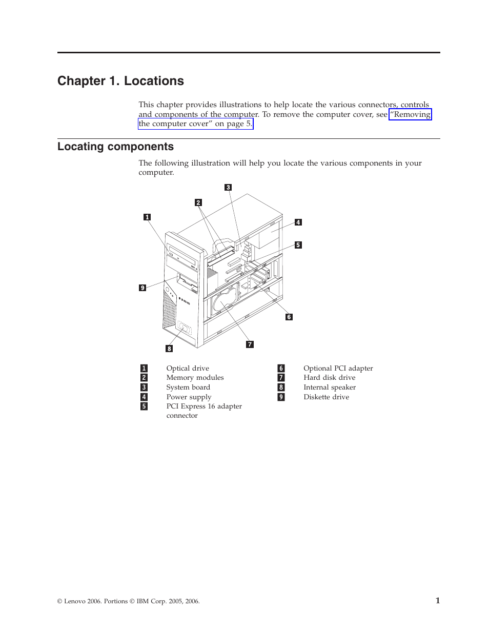 Chapter 1. locations, Locating components, Chapter | Locations, Locating, Components | Lenovo ThinkCentre M55 User Manual | Page 9 / 48