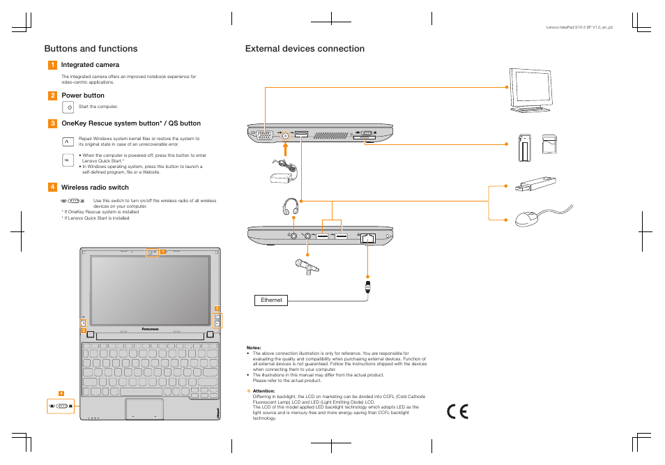 Buttons and functions external devices connection | Lenovo IdeaPad S10-3 FR User Manual | Page 2 / 2