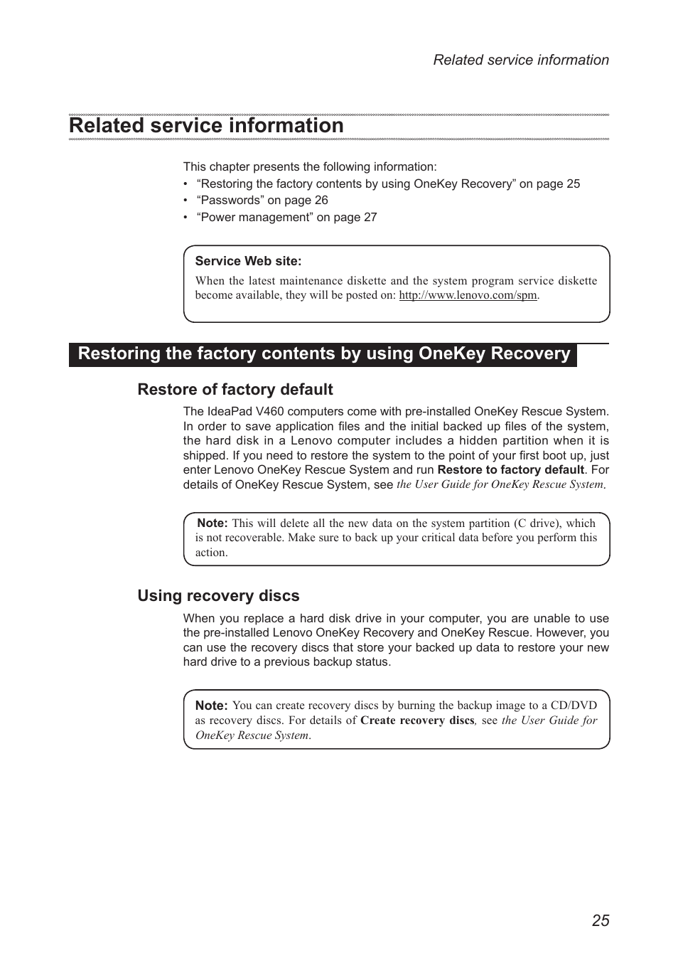 Related service information, Restore of factory default, Using recovery discs | Restoring the factory contents by using, Onekey recovery | Lenovo IdeaPad V460 User Manual | Page 29 / 94