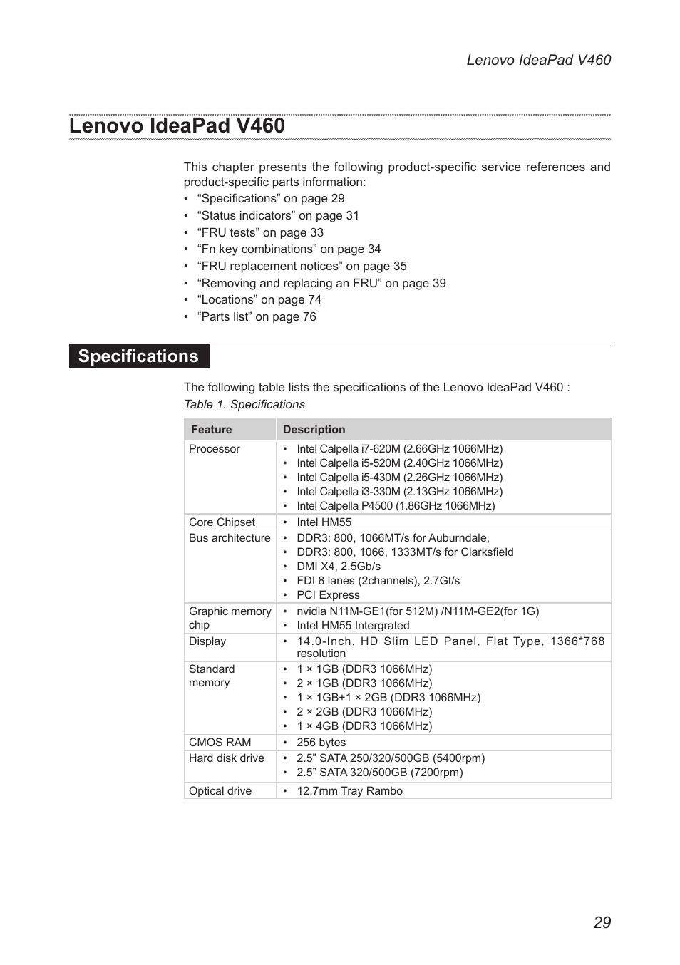 Lenovo ideapad v460, Specifications | Lenovo IdeaPad V460 User Manual | Page 33 / 94