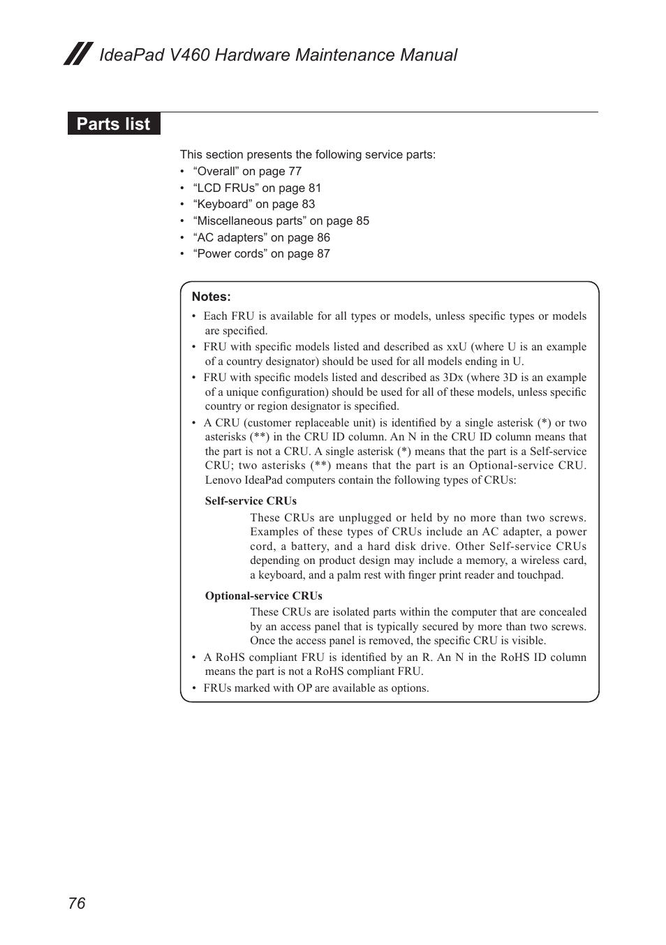 Parts list | Lenovo IdeaPad V460 User Manual | Page 80 / 94