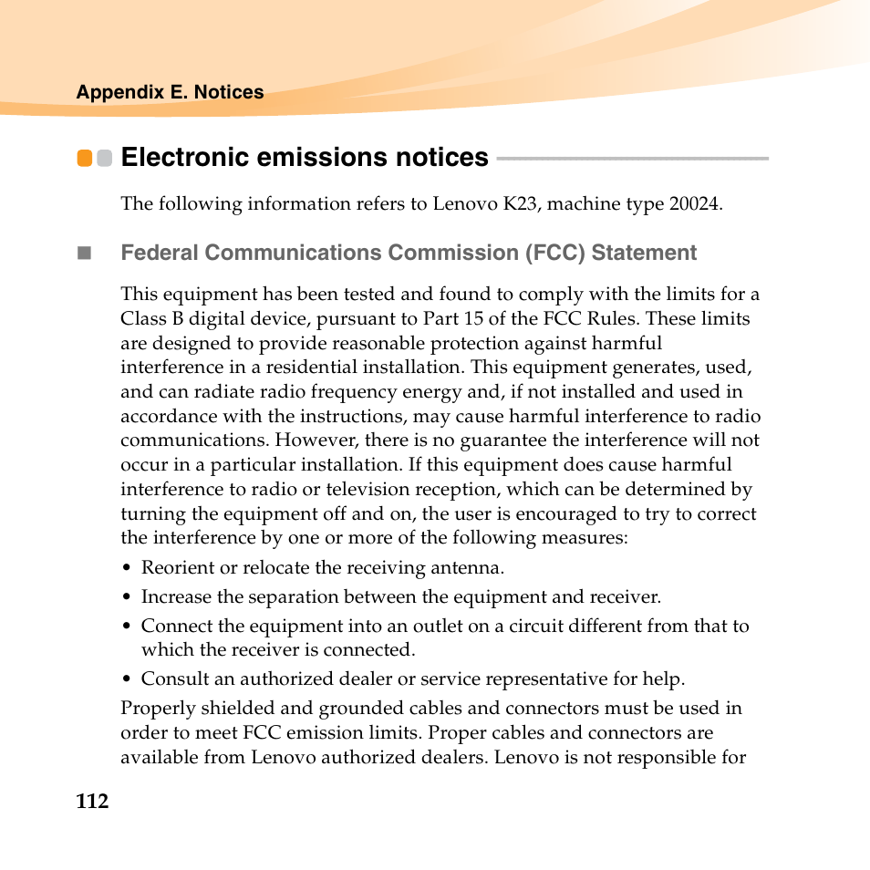 Electronic emissions notices | Lenovo K23 Notebook User Manual | Page 126 / 146