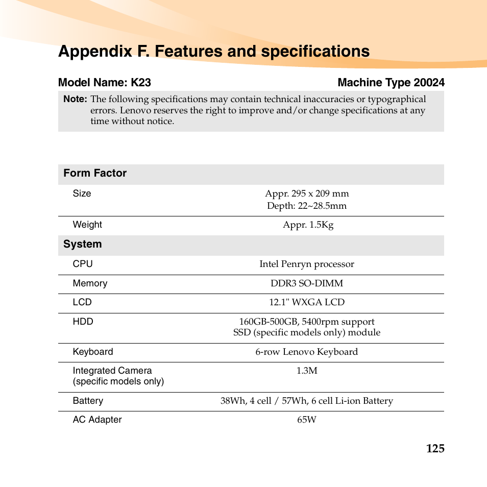 Appendix f. features and specifications | Lenovo K23 Notebook User Manual | Page 139 / 146