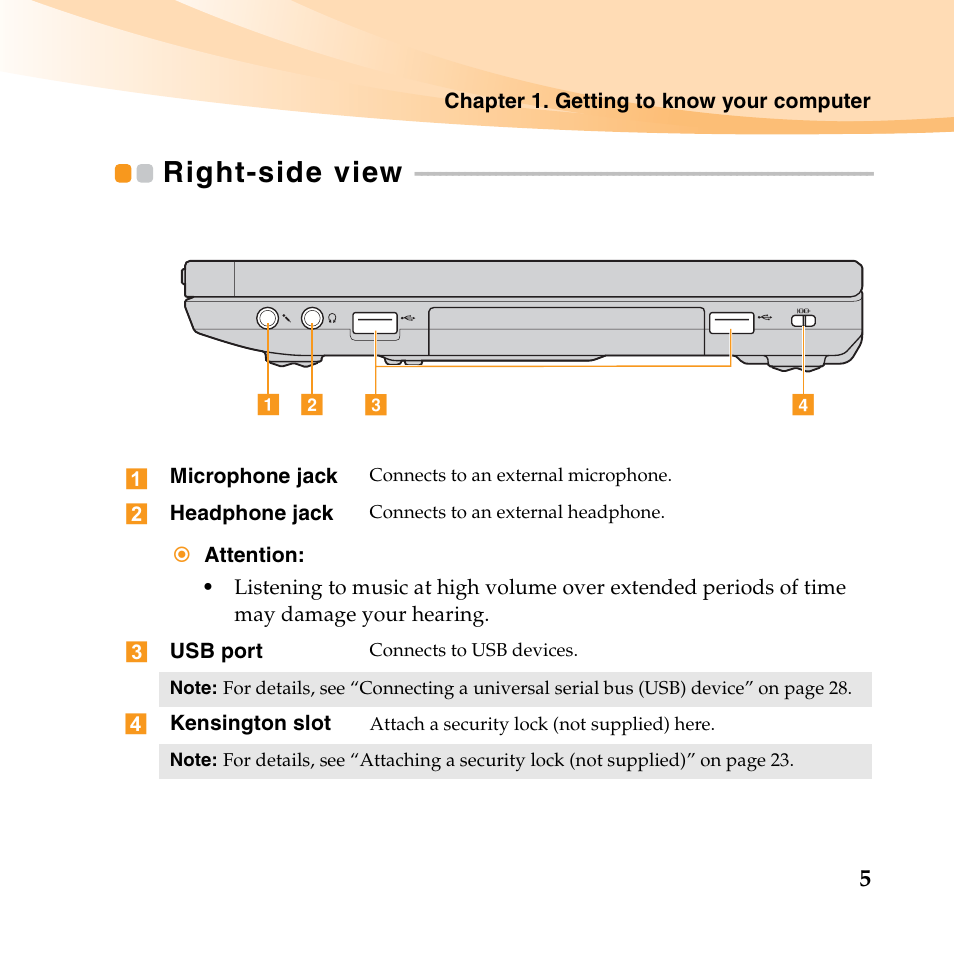 Right-side view | Lenovo K23 Notebook User Manual | Page 19 / 146