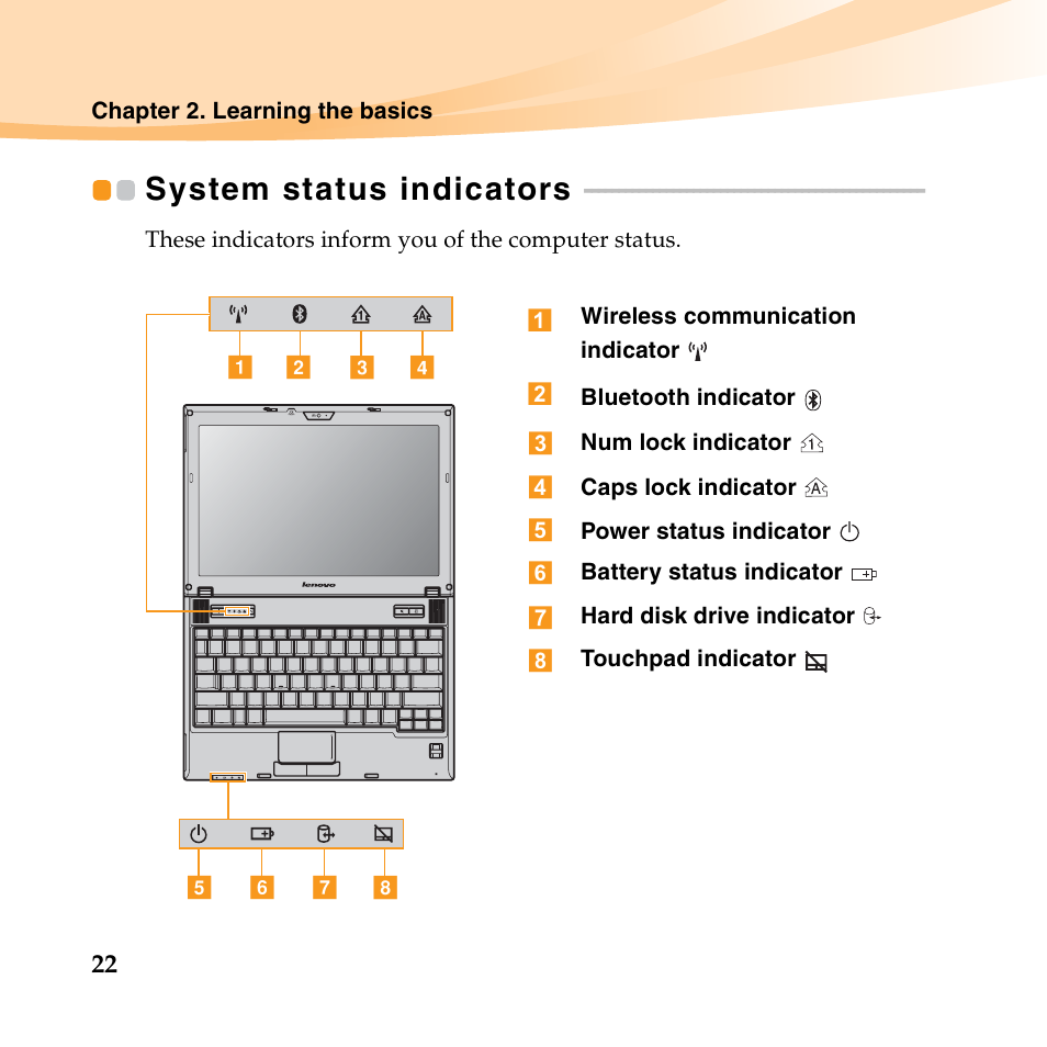 System status indicators | Lenovo K23 Notebook User Manual | Page 36 / 146