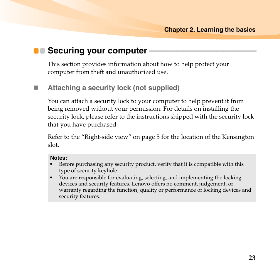 Securing your computer | Lenovo K23 Notebook User Manual | Page 37 / 146