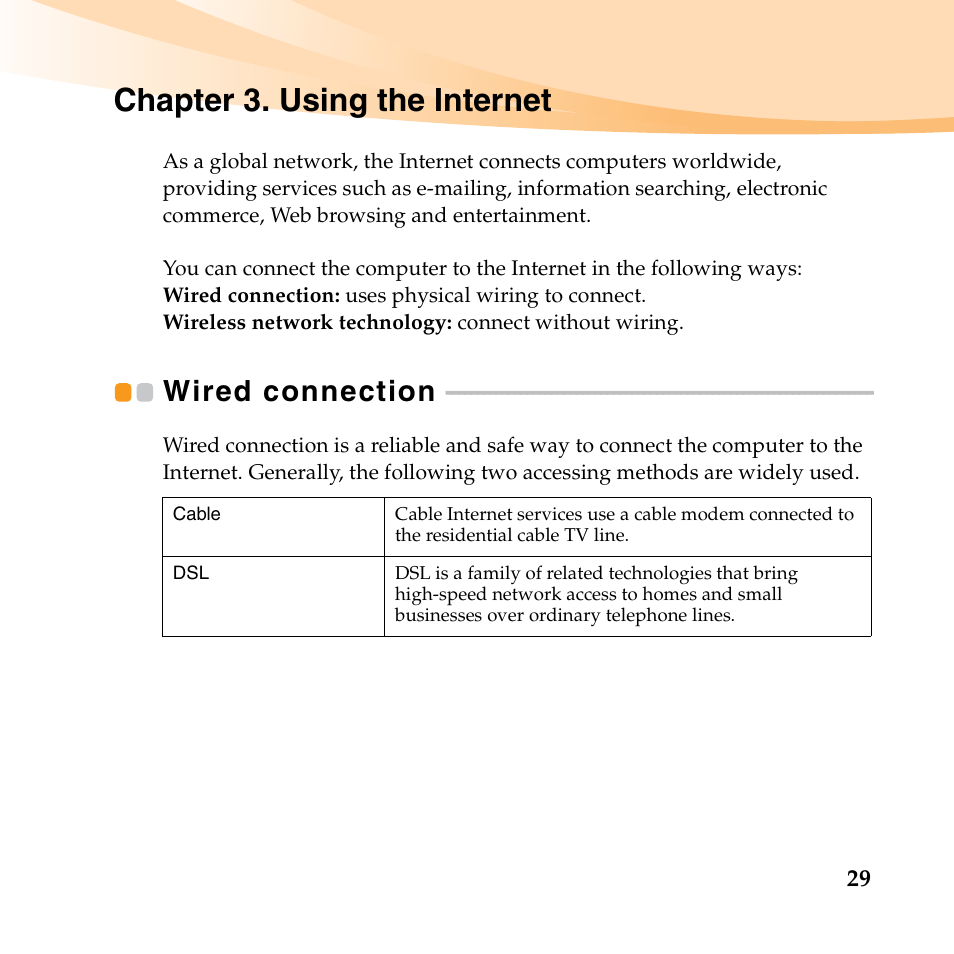 Chapter 3. using the internet, Wired connection | Lenovo K23 Notebook User Manual | Page 43 / 146