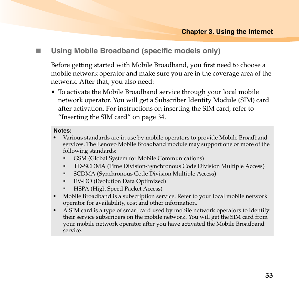 33  using mobile broadband (specific models only) | Lenovo K23 Notebook User Manual | Page 47 / 146