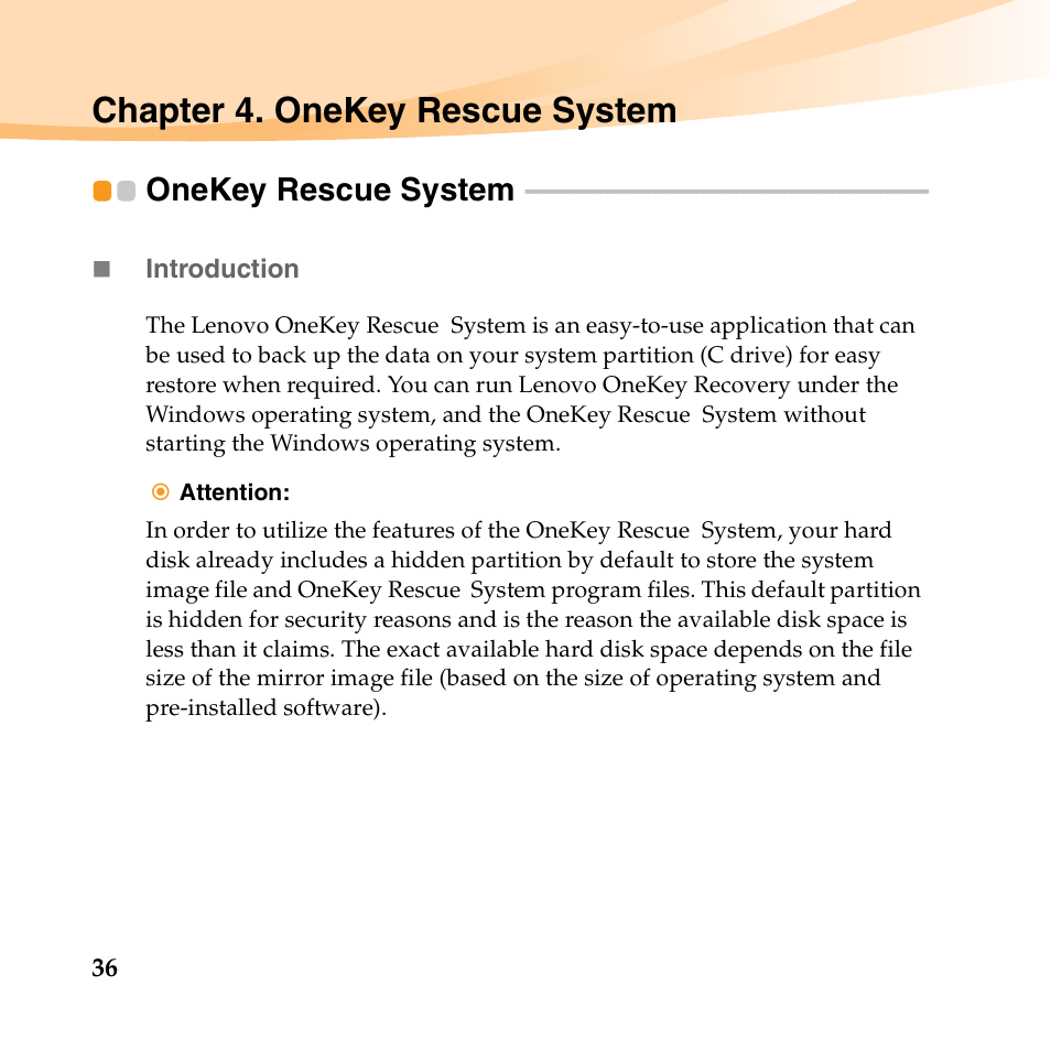 Chapter 4. onekey rescue system, Onekey rescue system | Lenovo K23 Notebook User Manual | Page 50 / 146