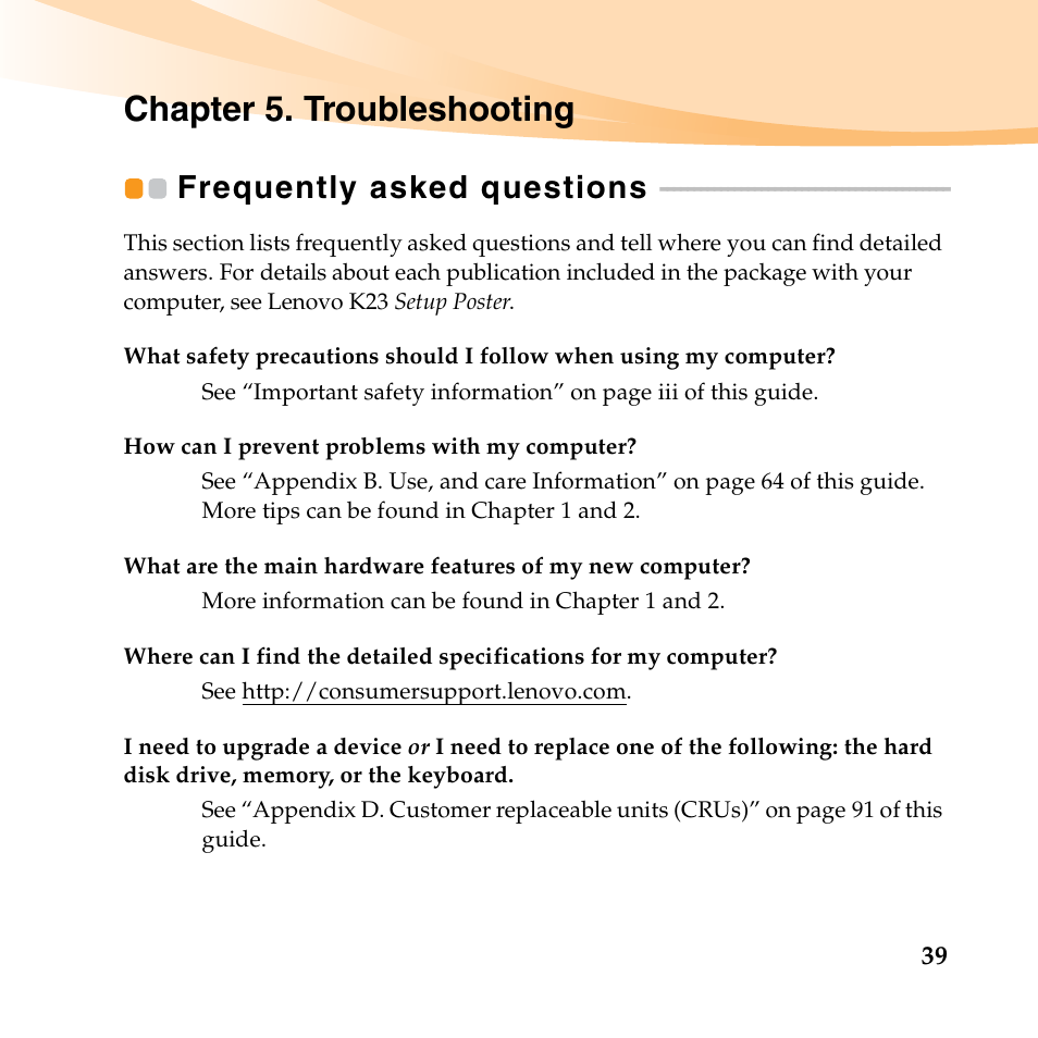 Chapter 5. troubleshooting, Frequently asked questions | Lenovo K23 Notebook User Manual | Page 53 / 146