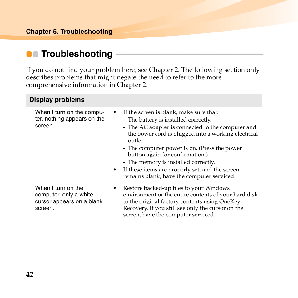 Troubleshooting | Lenovo K23 Notebook User Manual | Page 56 / 146