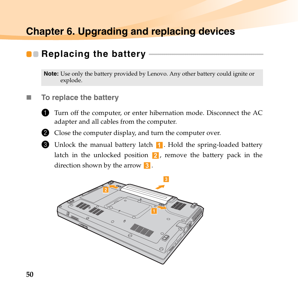 Chapter 6. upgrading and replacing devices, Replacing the battery | Lenovo K23 Notebook User Manual | Page 64 / 146