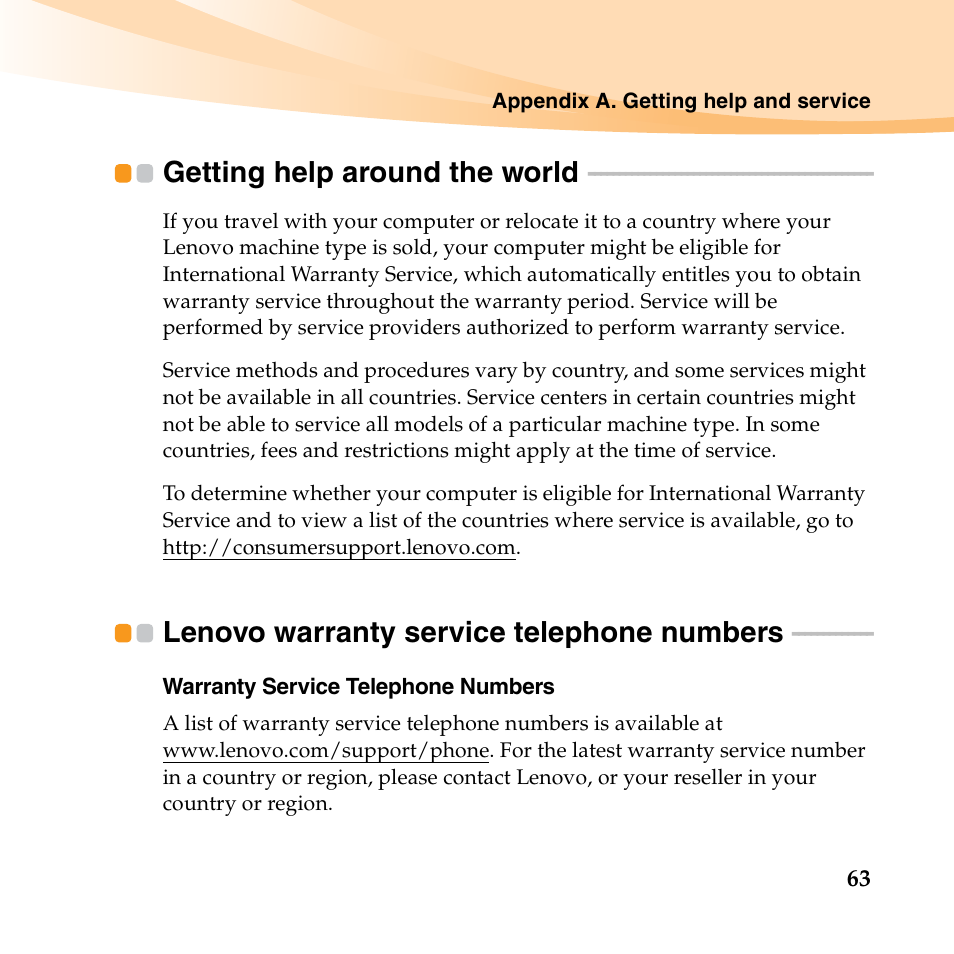 Getting help around the world, Lenovo warranty service telephone numbers | Lenovo K23 Notebook User Manual | Page 77 / 146
