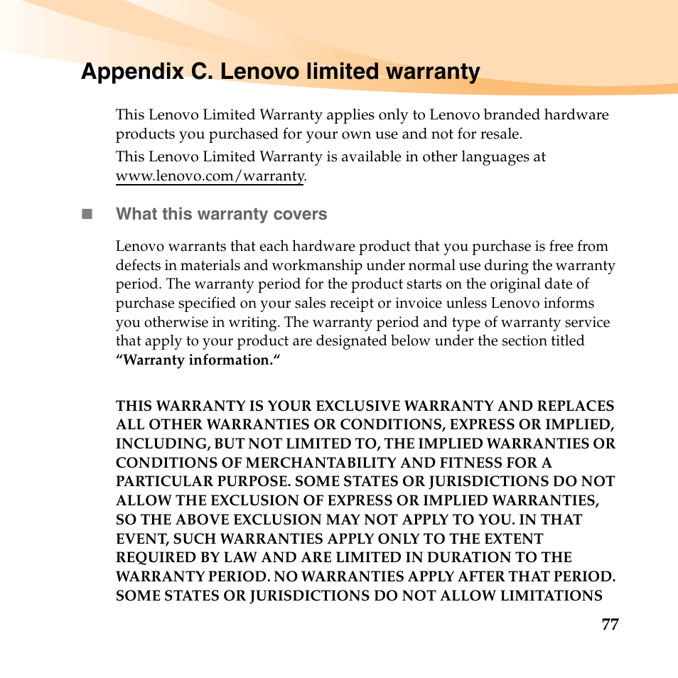 Appendix c. lenovo limited warranty | Lenovo K23 Notebook User Manual | Page 91 / 146