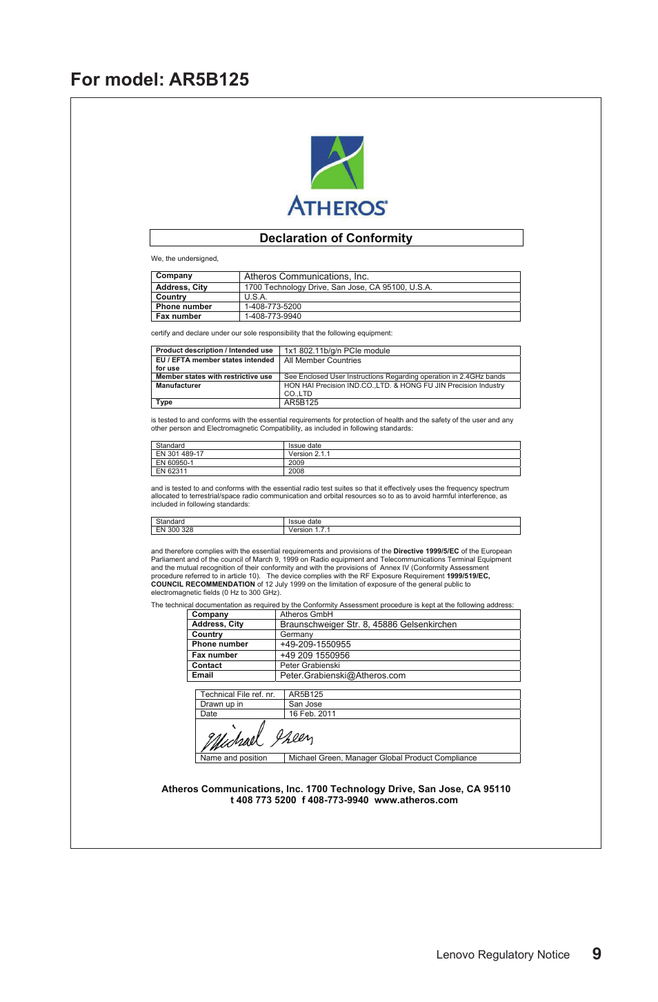 For model: ar5b125, Declaration of conformity, Lenovo regulatory notice | Lenovo H520s Desktop User Manual | Page 10 / 30
