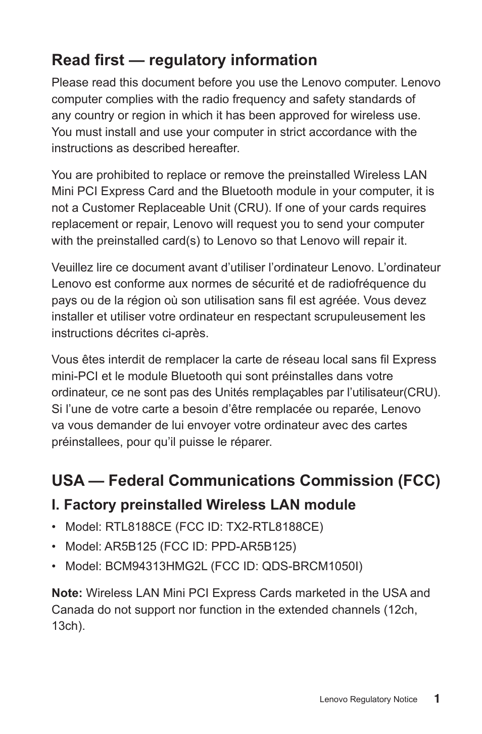 Read first — regulatory information, Usa — federal communications commission (fcc) | Lenovo H520s Desktop User Manual | Page 2 / 30