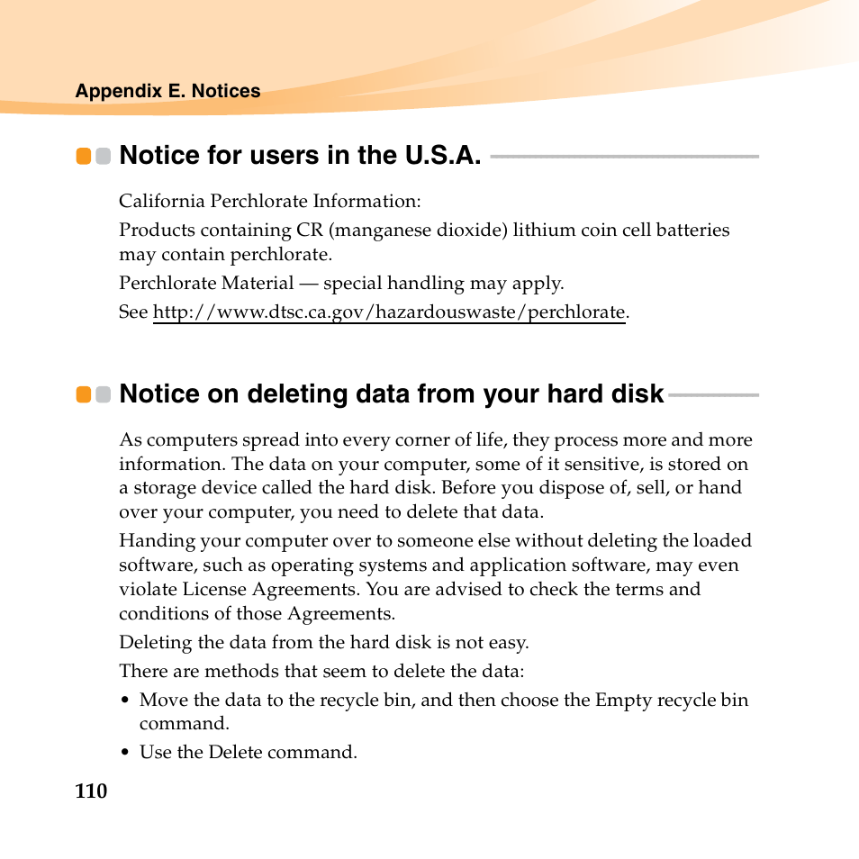 Notice for users in the u.s.a, Notice on deleting data from your hard disk | Lenovo IdeaPad S10-3 FR User Manual | Page 124 / 134