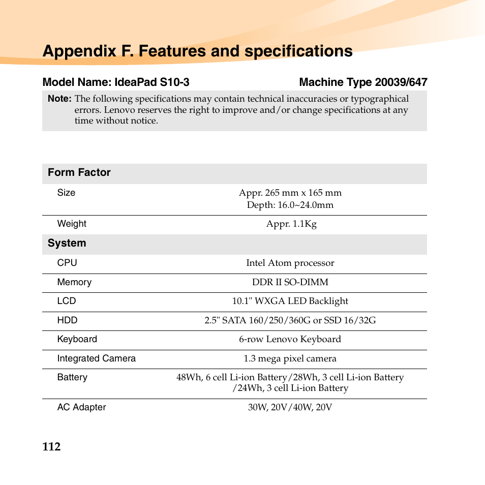 Appendix f. features and specifications | Lenovo IdeaPad S10-3 FR User Manual | Page 126 / 134