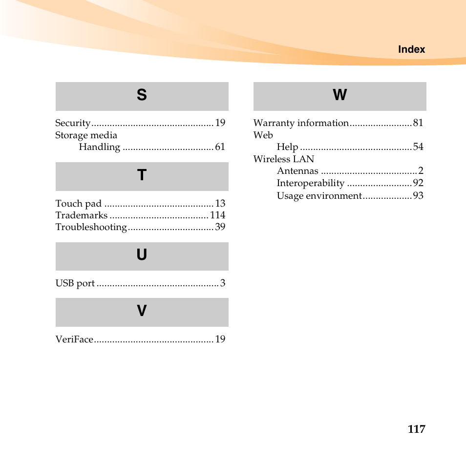 St u v w | Lenovo IdeaPad S10-3 FR User Manual | Page 131 / 134