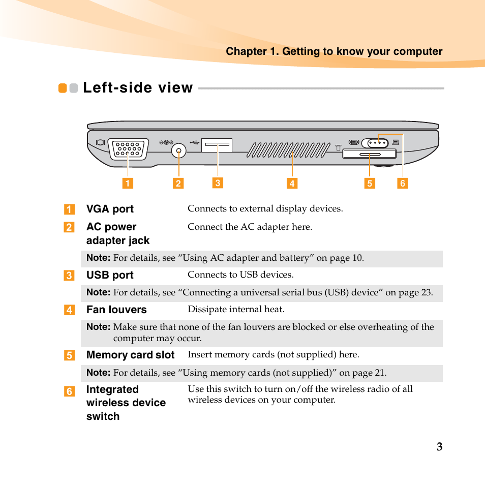 Left-side view | Lenovo IdeaPad S10-3 FR User Manual | Page 17 / 134