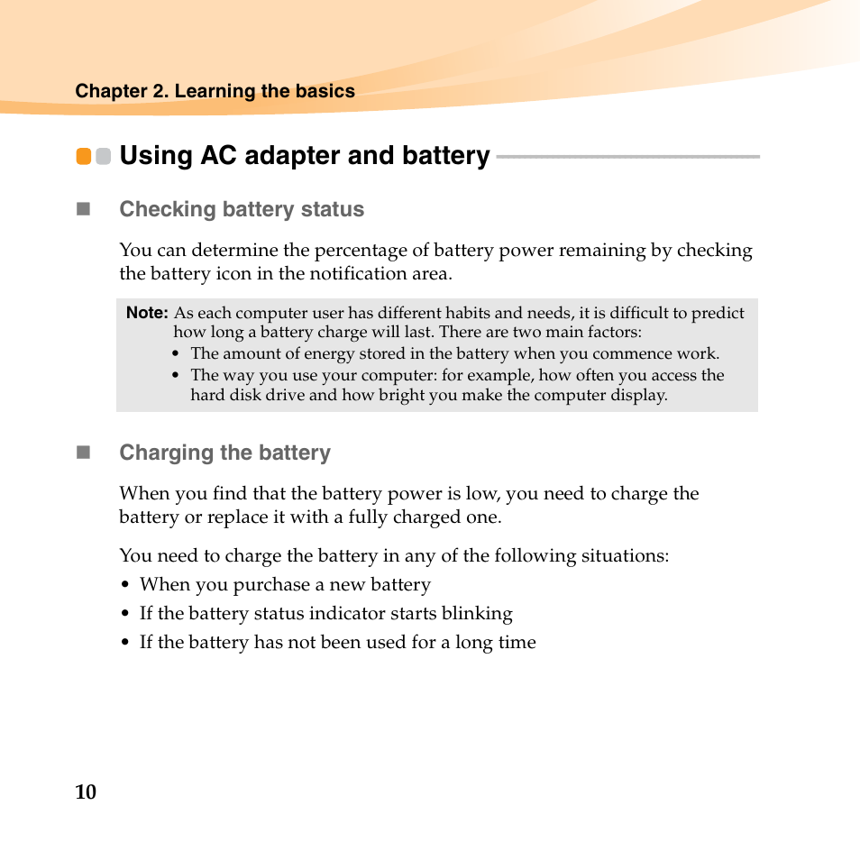 Using ac adapter and battery | Lenovo IdeaPad S10-3 FR User Manual | Page 24 / 134