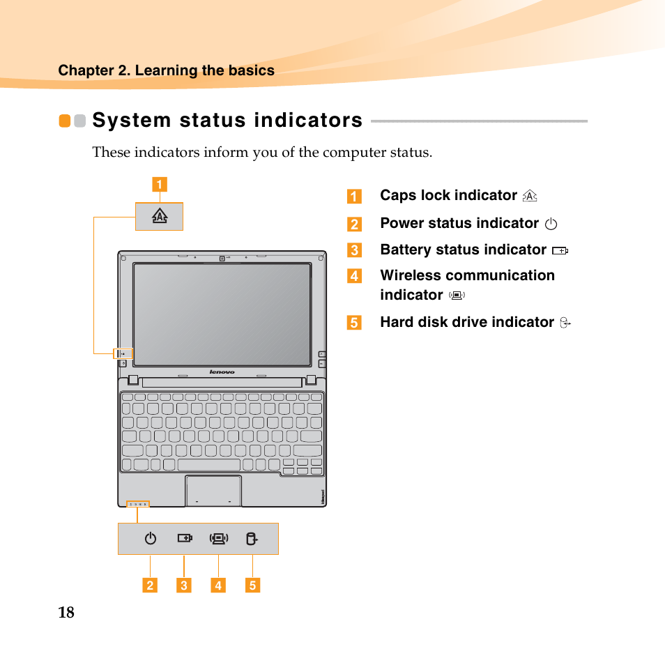 System status indicators | Lenovo IdeaPad S10-3 FR User Manual | Page 32 / 134