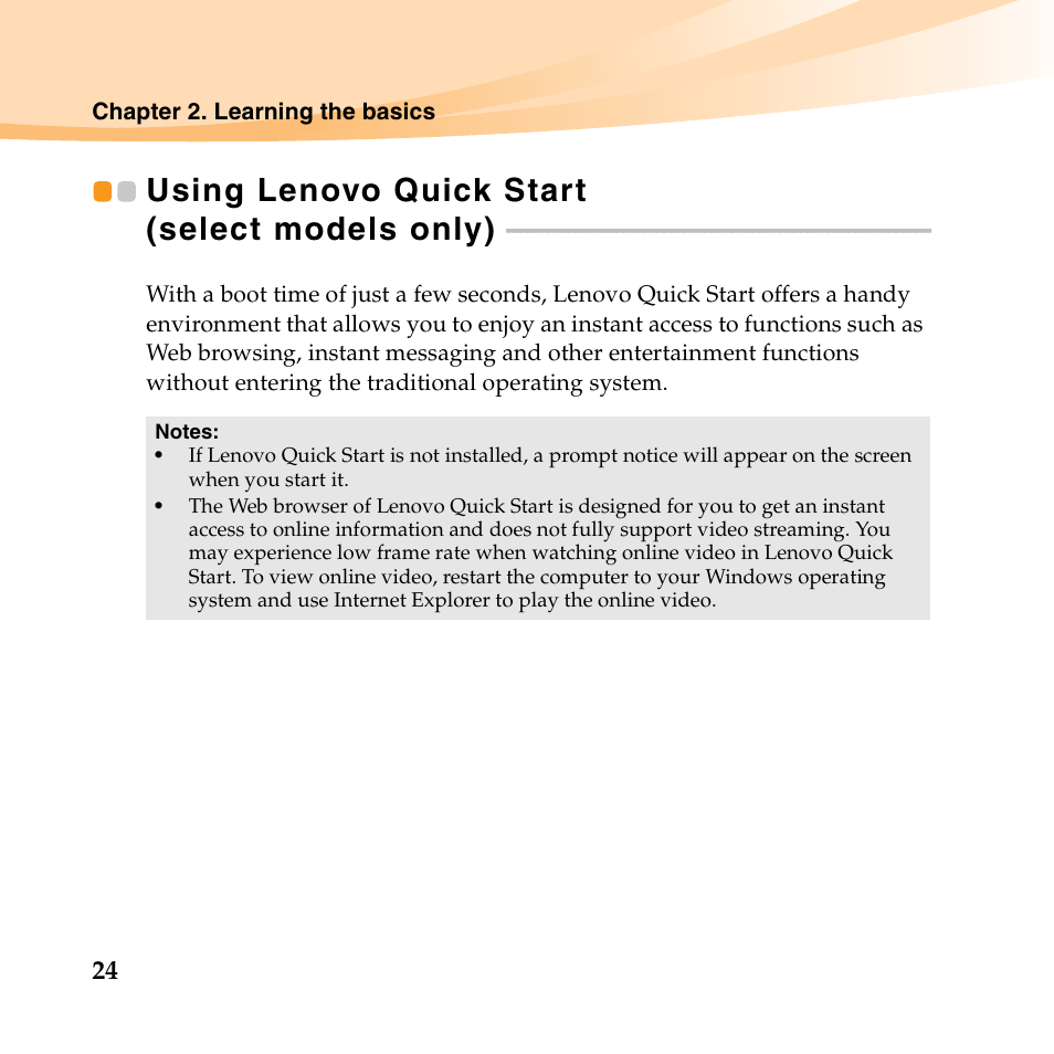 Using lenovo quick start (select models only) | Lenovo IdeaPad S10-3 FR User Manual | Page 38 / 134