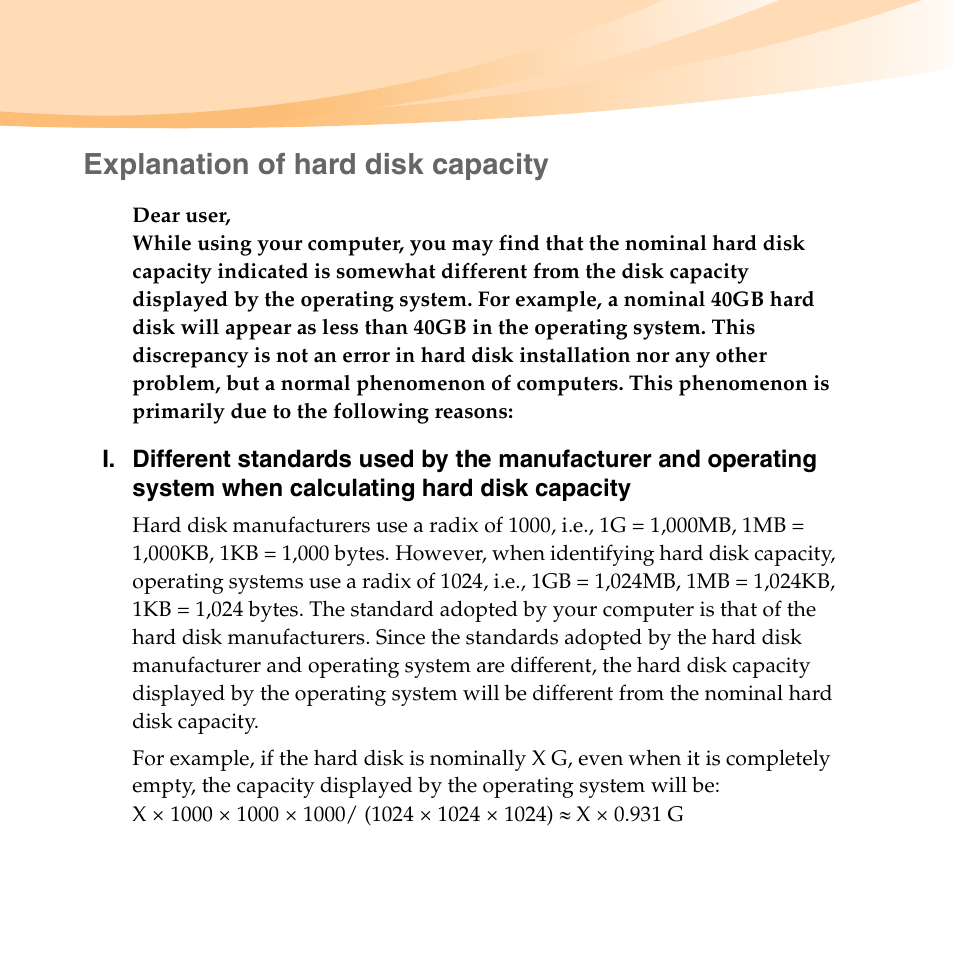 Explanation of hard disk capacity | Lenovo IdeaPad S10-3 FR User Manual | Page 4 / 134