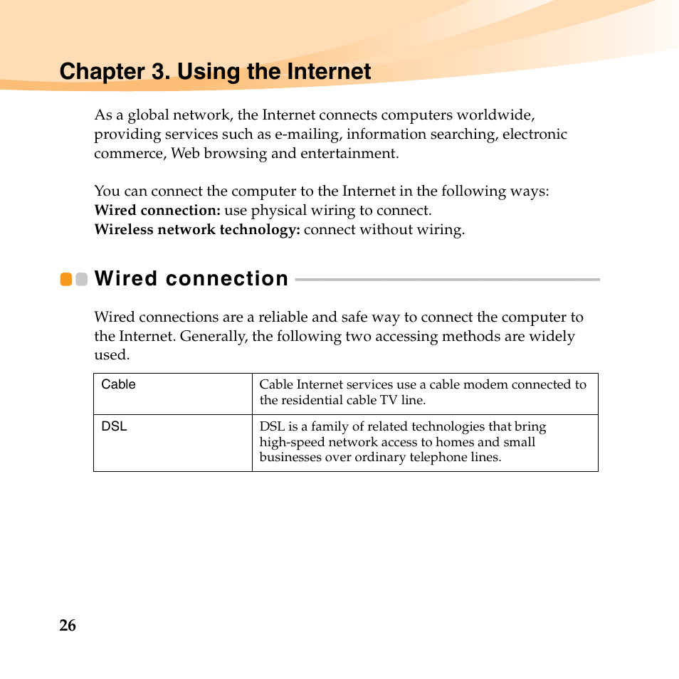 Chapter 3. using the internet, Wired connection | Lenovo IdeaPad S10-3 FR User Manual | Page 40 / 134