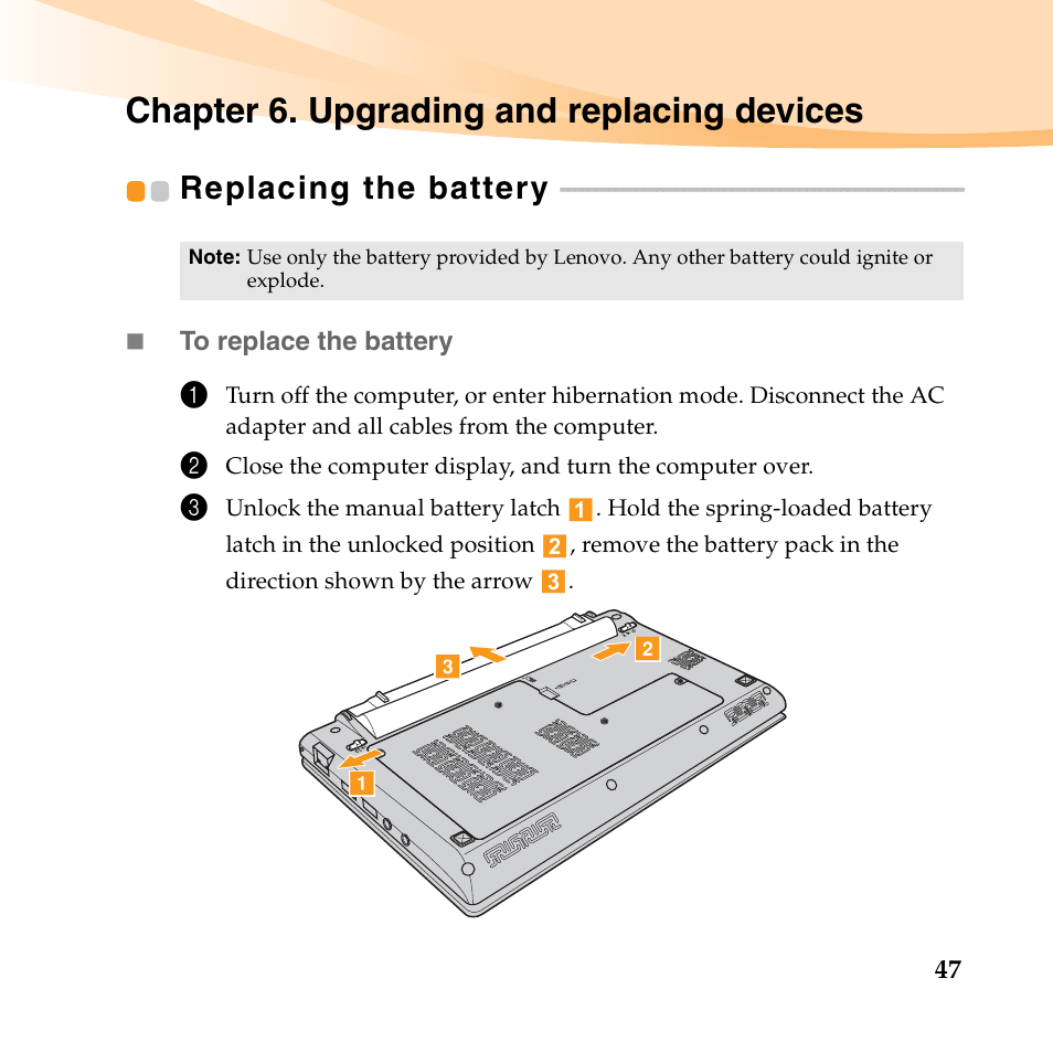 Chapter 6. upgrading and replacing devices, Replacing the battery | Lenovo IdeaPad S10-3 FR User Manual | Page 61 / 134