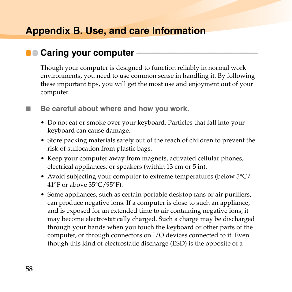 Appendix b. use, and care information, Caring your computer | Lenovo IdeaPad S10-3 FR User Manual | Page 72 / 134