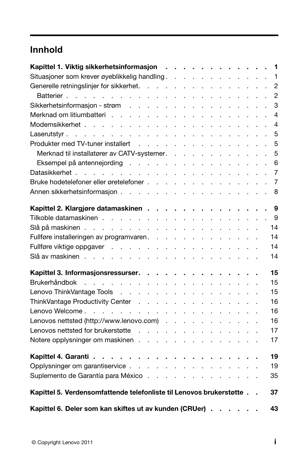 Norwegian, Innhold | Lenovo ThinkCentre M91 User Manual | Page 167 / 276