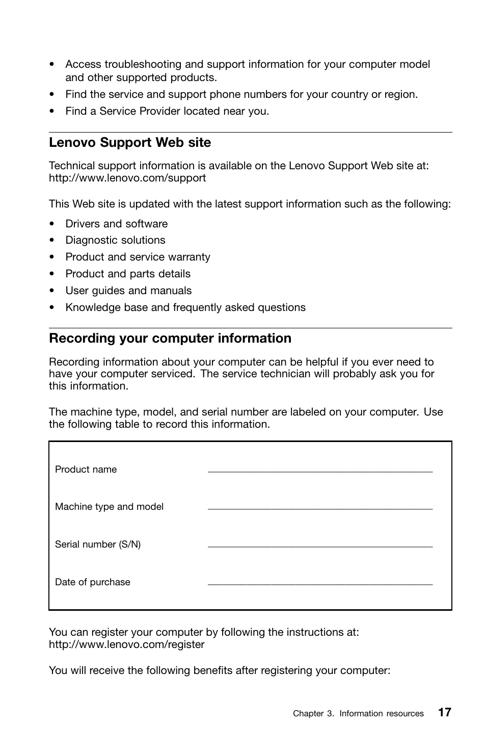 Lenovo support web site, Recording your computer information | Lenovo ThinkCentre M91 User Manual | Page 21 / 276