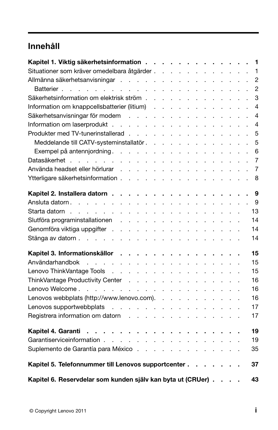 Swedish, Innehåll | Lenovo ThinkCentre M91 User Manual | Page 221 / 276