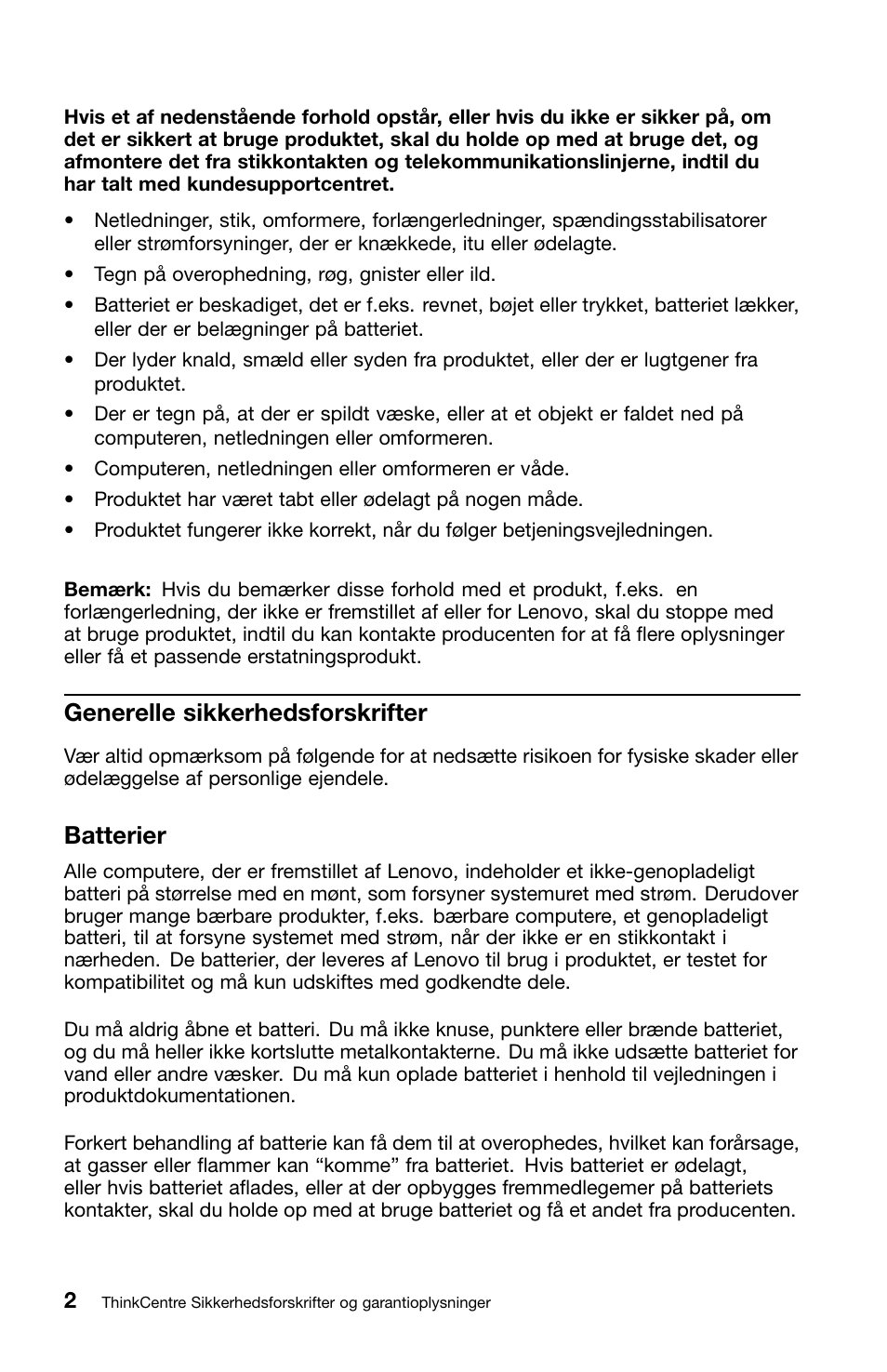 Generelle sikkerhedsforskrifter, Batterier | Lenovo ThinkCentre M91 User Manual | Page 60 / 276