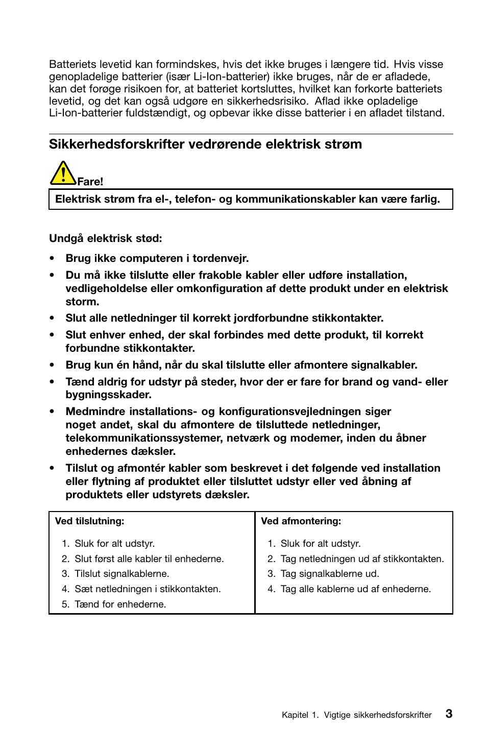 Sikkerhedsforskrifter vedrørende elektrisk strøm | Lenovo ThinkCentre M91 User Manual | Page 61 / 276