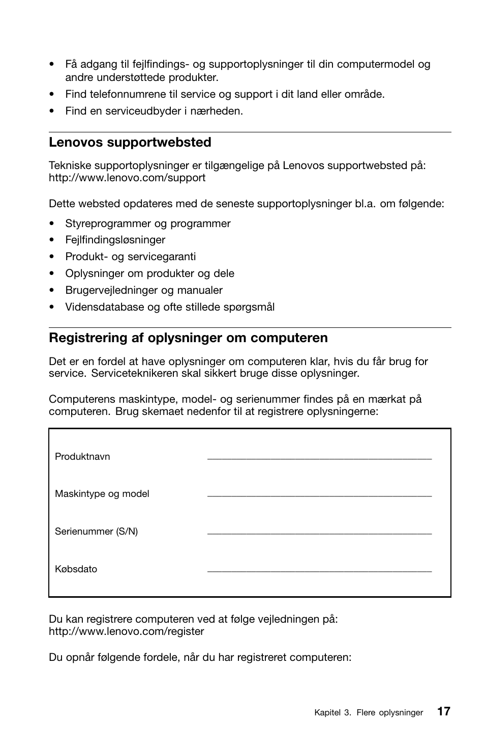 Lenovos supportwebsted, Registrering af oplysninger om computeren | Lenovo ThinkCentre M91 User Manual | Page 75 / 276