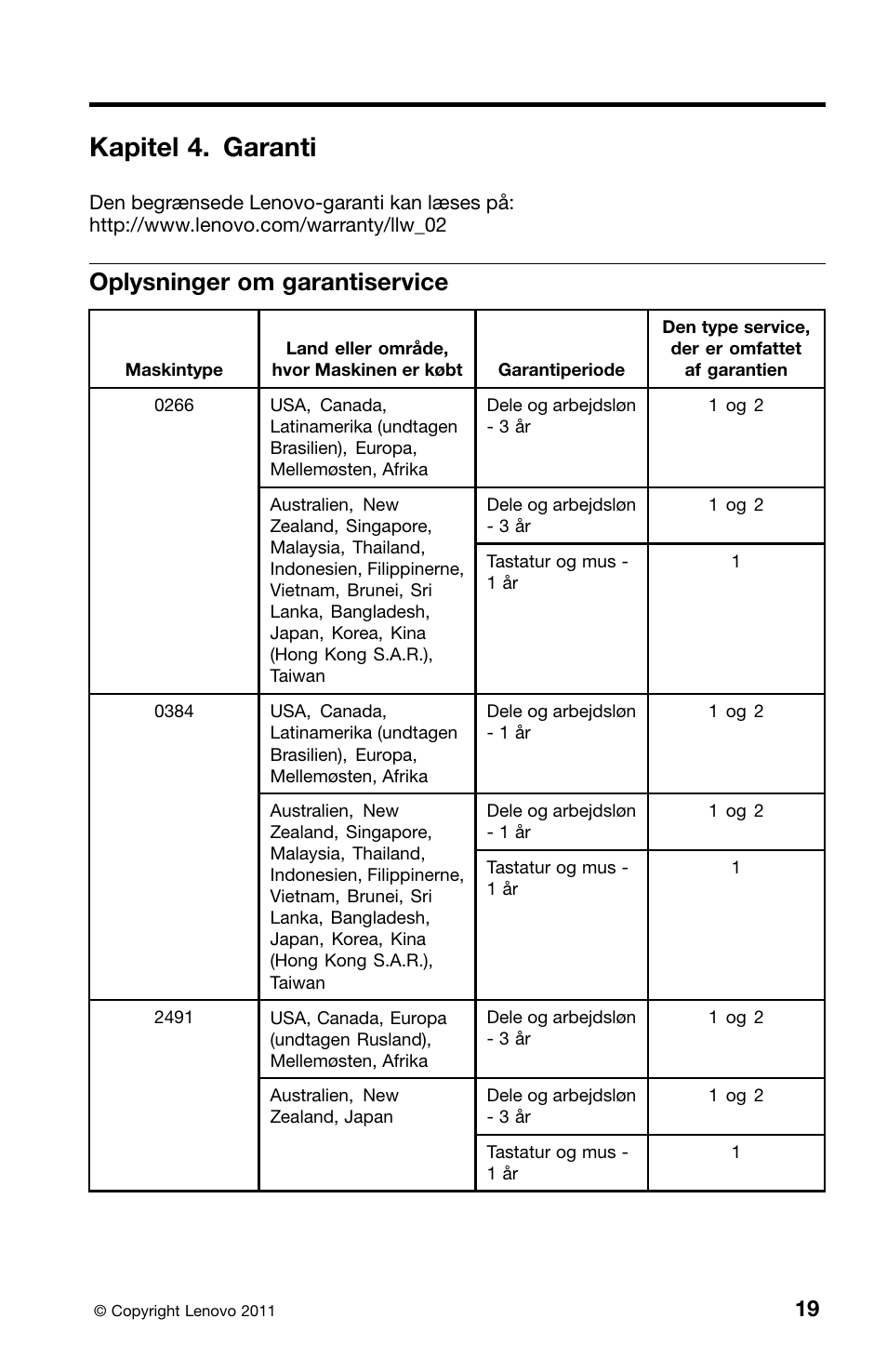 Kapitel 4. garanti, Oplysninger om garantiservice | Lenovo ThinkCentre M91 User Manual | Page 77 / 276