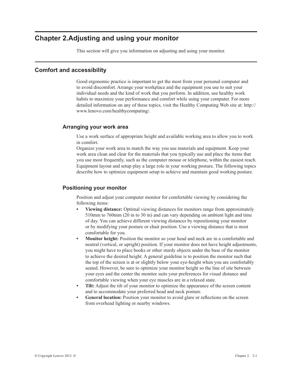 Chapter 2.adjusting and using your monitor, Comfort and accessibility, Arranging your work area | Positioning your monitor, Chapter 2. adjusting and using your monitor -1, Comfort and accessibility -1 | Lenovo ThinkVision E2323s 23-inch FHD WLED Backlit LCD Monitor User Manual | Page 11 / 32