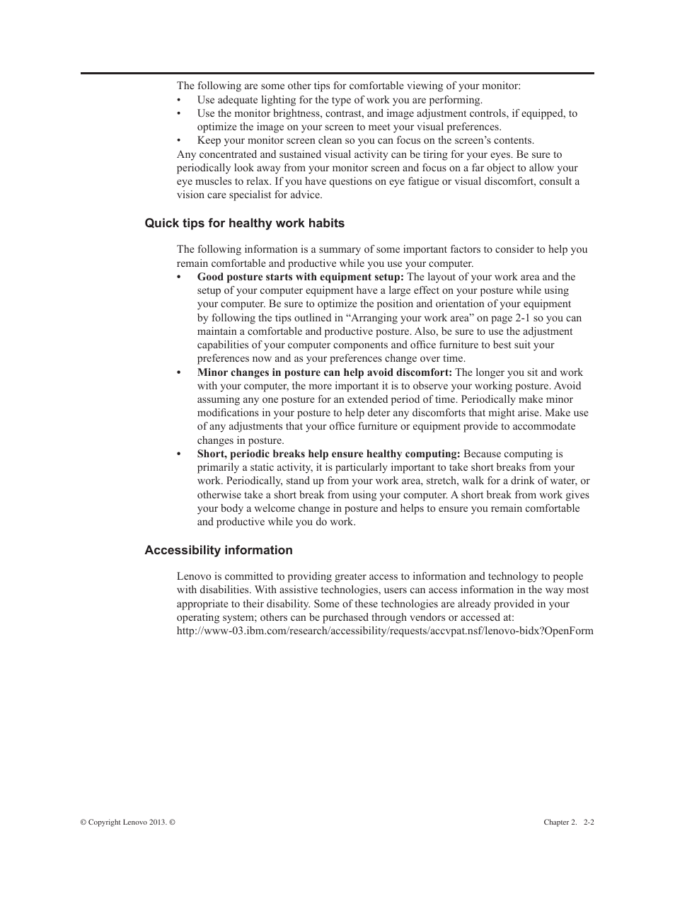 Quick tips for healthy work habits, Accessibility information | Lenovo ThinkVision E2323s 23-inch FHD WLED Backlit LCD Monitor User Manual | Page 12 / 32