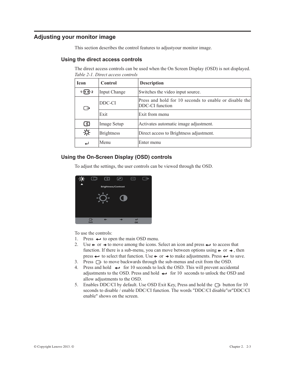 Adjusting your monitor image, Using the direct access controls, Using the on-screen display (osd) controls | Adjusting your monitor image -3 | Lenovo ThinkVision E2323s 23-inch FHD WLED Backlit LCD Monitor User Manual | Page 13 / 32