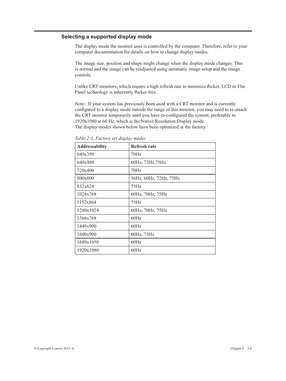 Selecting a supported display mode, Selecting a supported display mode -6 | Lenovo ThinkVision E2323s 23-inch FHD WLED Backlit LCD Monitor User Manual | Page 16 / 32