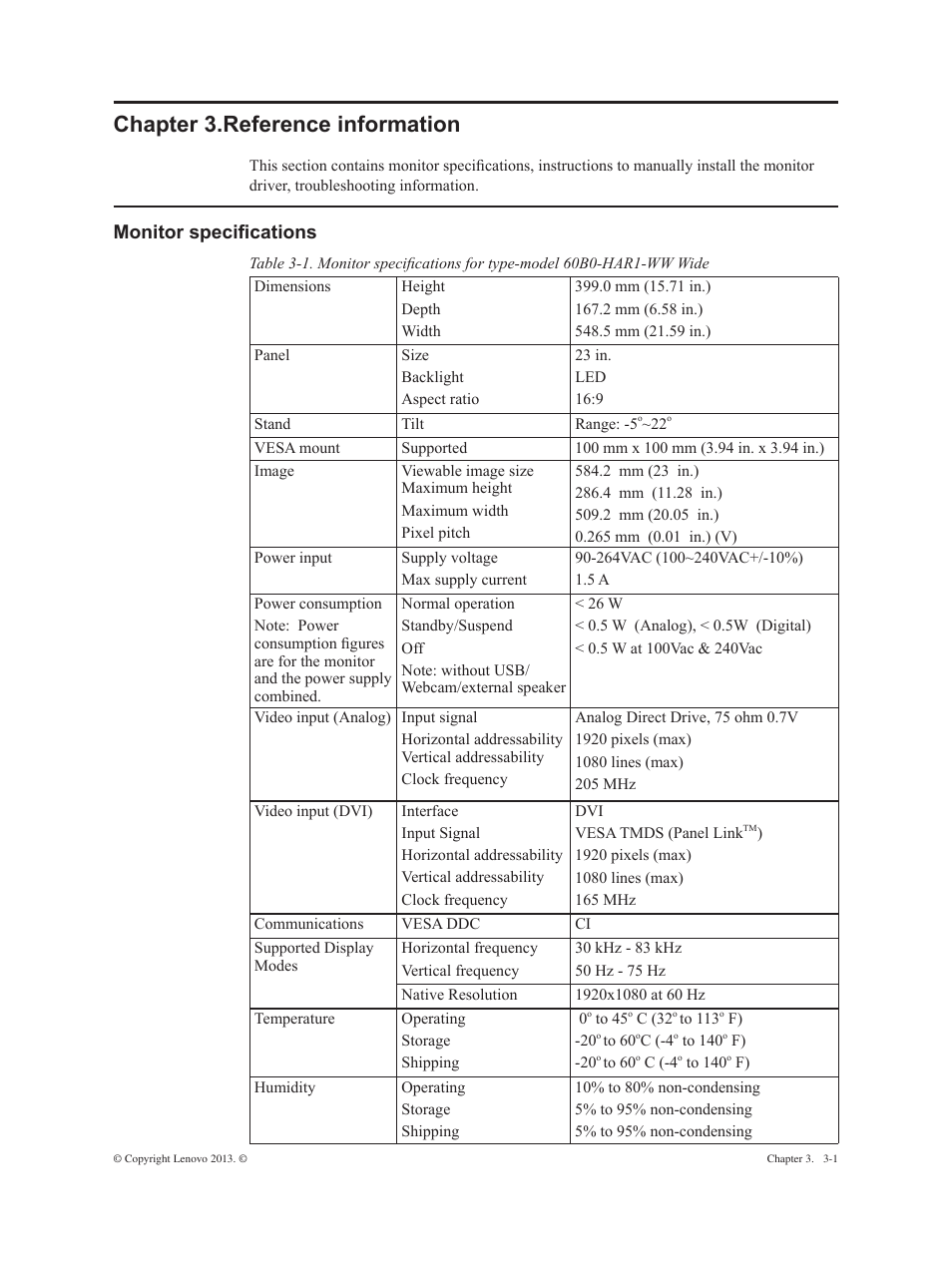 Chapter 3.reference information, Monitor specifications, Chapter 3. reference information -1 | Monitor specifications -1 | Lenovo ThinkVision E2323s 23-inch FHD WLED Backlit LCD Monitor User Manual | Page 20 / 32