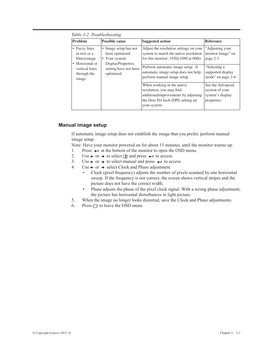 Manual image setup, Manual image setup -3 | Lenovo ThinkVision E2323s 23-inch FHD WLED Backlit LCD Monitor User Manual | Page 22 / 32
