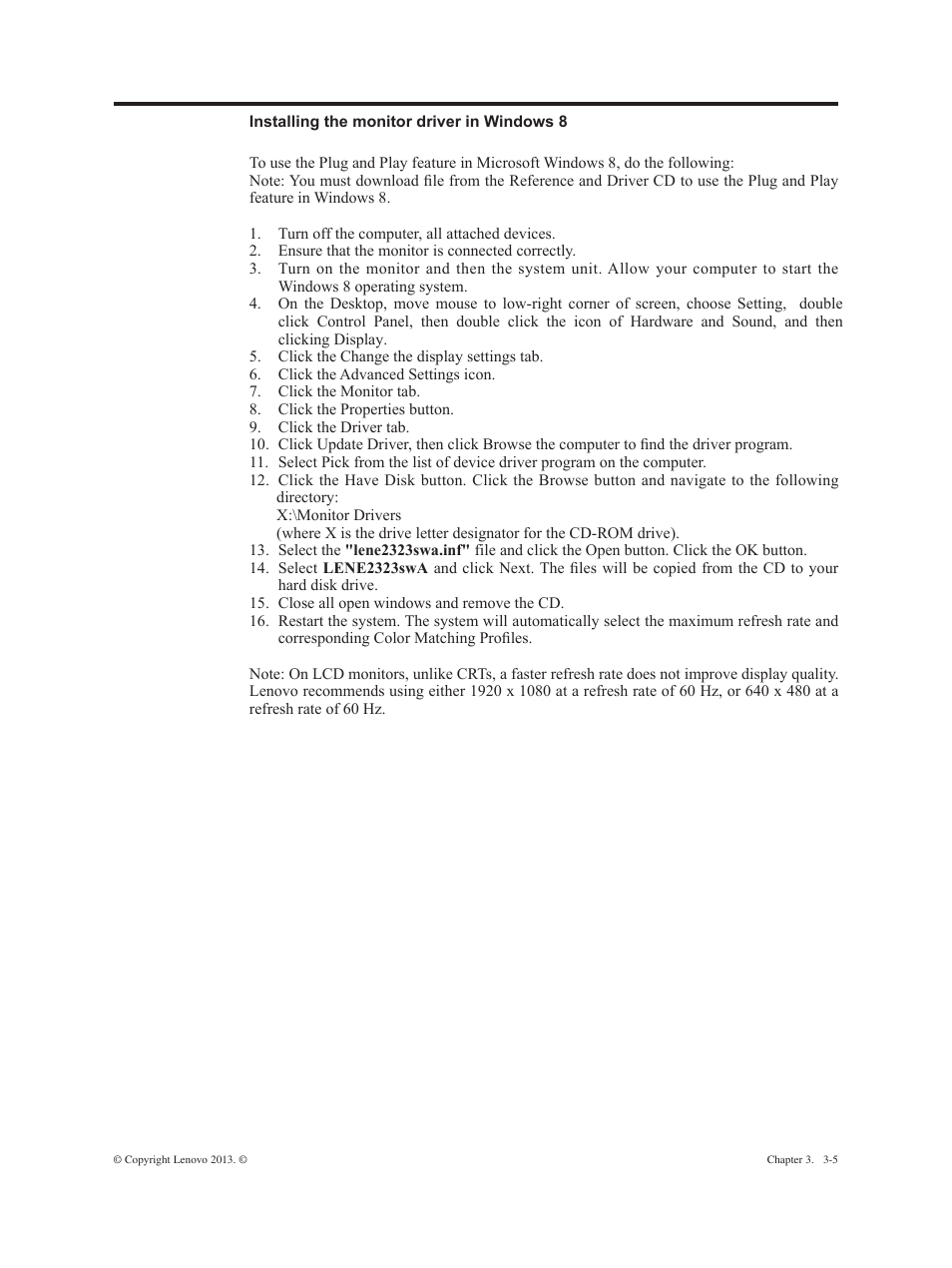 Installing the monitor driver in windows 8, Installing the monitor driver in windows 8 -5 | Lenovo ThinkVision E2323s 23-inch FHD WLED Backlit LCD Monitor User Manual | Page 24 / 32